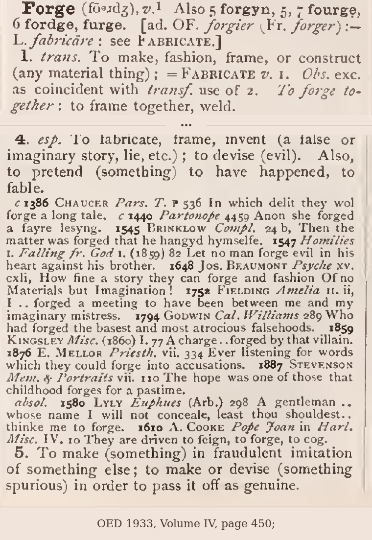 Oxford English Dictionary evidence for forge, with selected senses concerning fabrication and counterfeit making joined by an ellipsis.